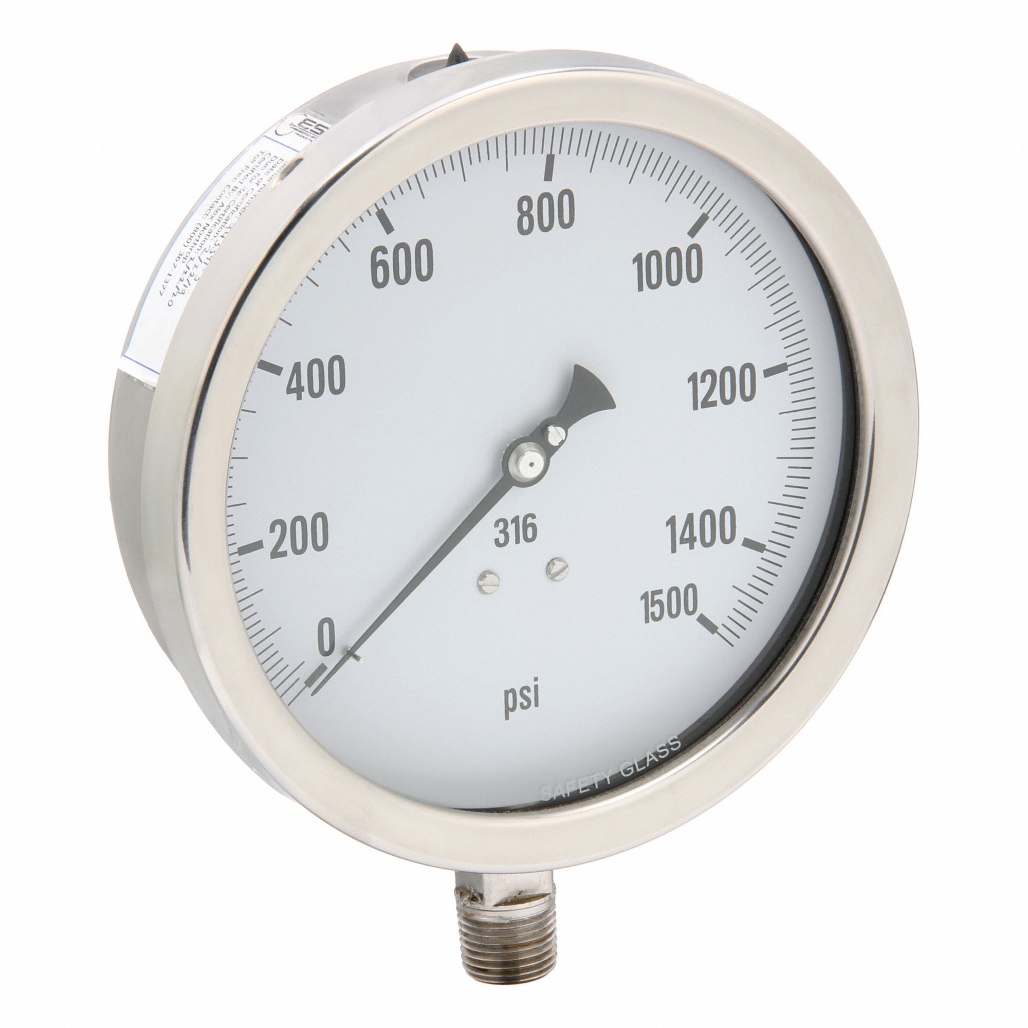 Industrial Pressure Gauge: 0 psi / Hg to 1, 500 psi, 6 in Dial, 1/2 in NPT Male, Bottom