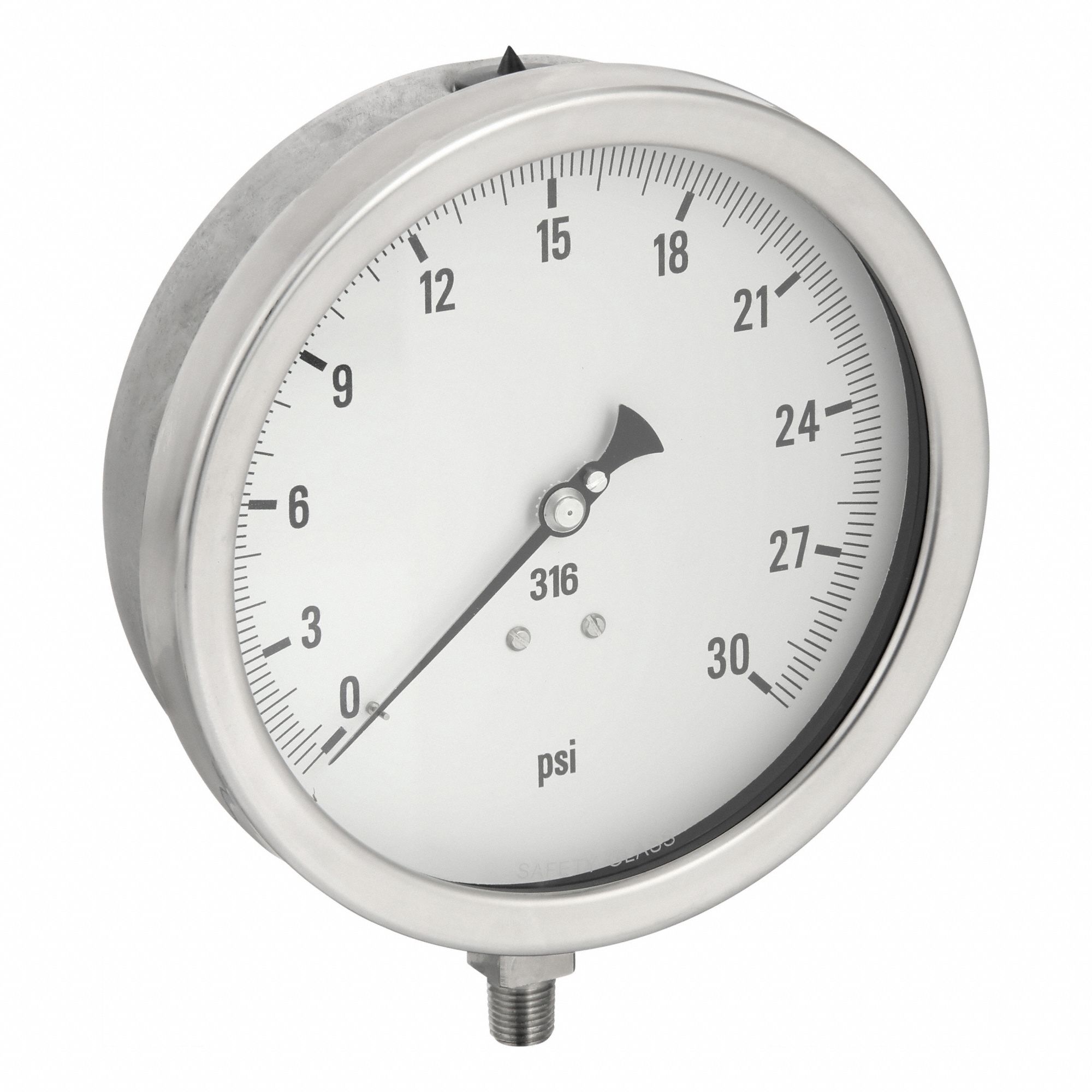 Industrial Pressure Gauge: 0 psi / Hg to 30 psi, 6 in Dial, 1/4 in NPT Male, Bottom, 6000