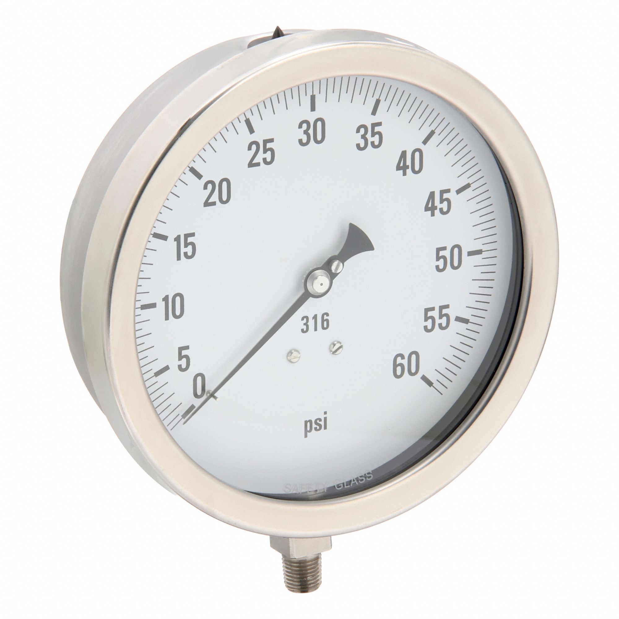Industrial Pressure Gauge: 0 psi / Hg to 60 psi, 6 in Dial, 1/4 in NPT Male, Bottom, 6000