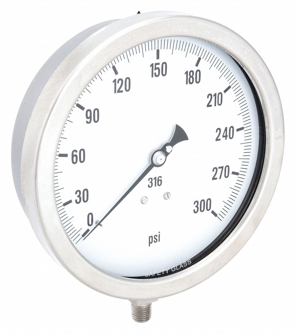 Industrial Pressure Gauge: 0 psi / Hg to 300 psi, 6 in Dial, 1/4 in NPT Male, Bottom