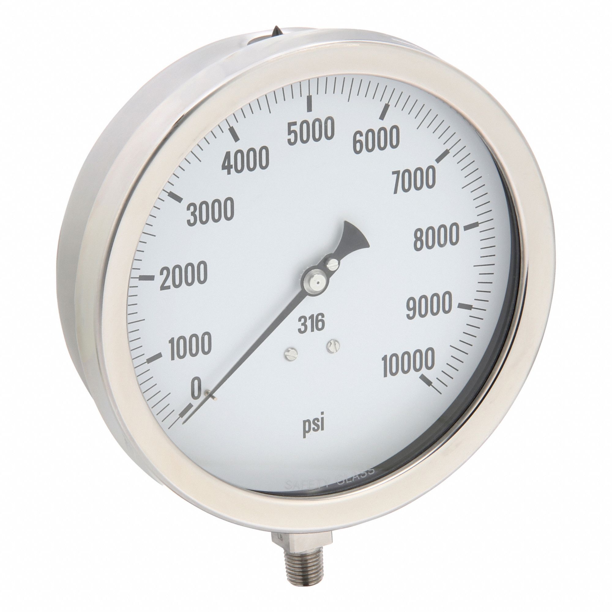 Industrial Pressure Gauge: 0 psi / Hg to 10, 000 psi, 6 in Dial, 1/4 in NPT Male, Bottom