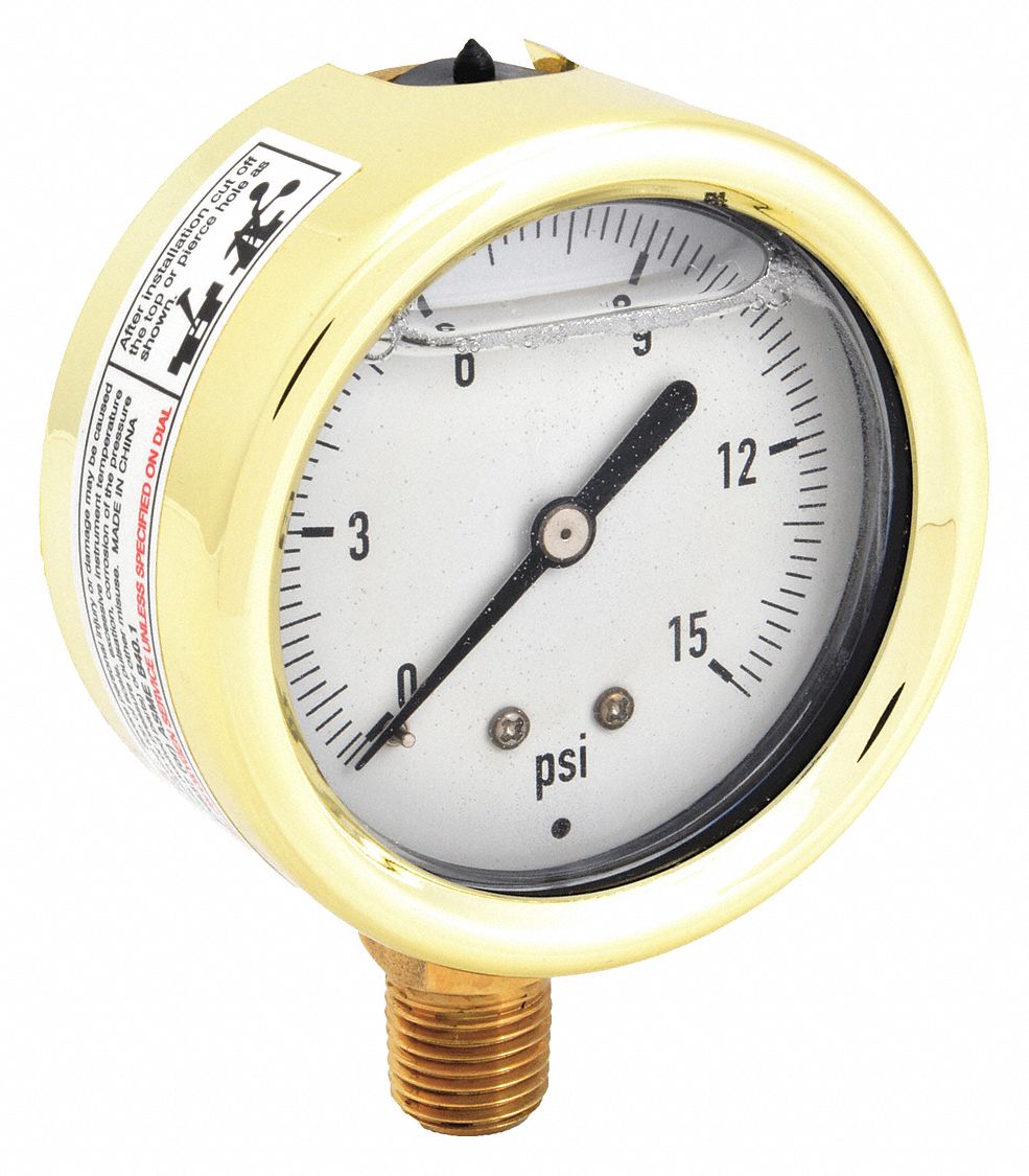 Industrial Pressure Gauge: 0 psi / Hg to 15 psi, 2 1/2 in Dial, 1/4 in NPT Male, Bottom