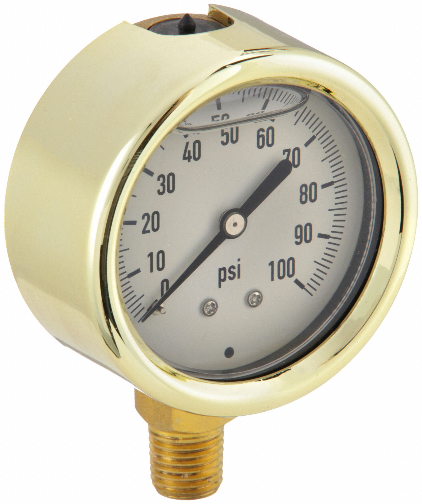 Industrial Pressure Gauge: 0 psi / Hg to 100 psi, 2 1/2 in Dial, 1/4 in NPT Male, Bottom