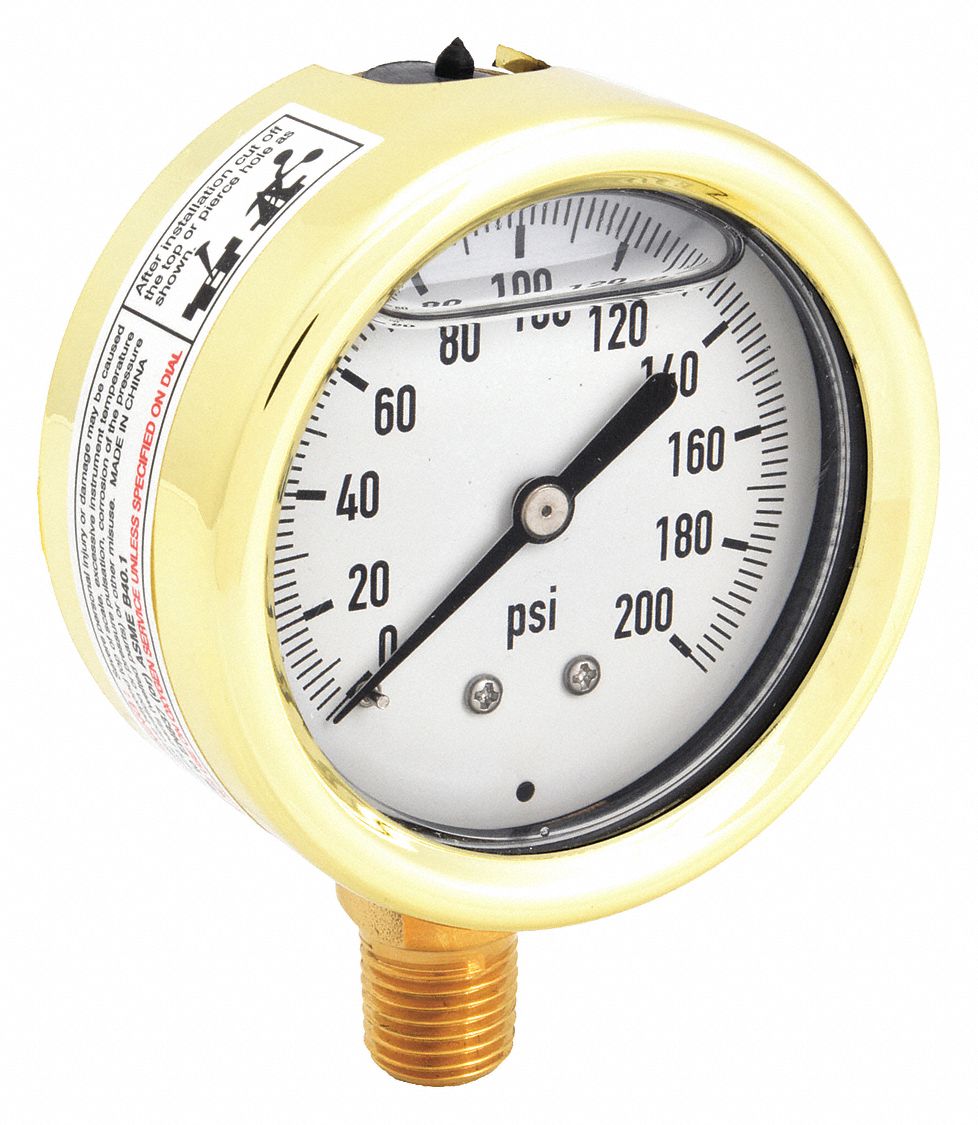 Industrial Pressure Gauge: 0 psi / Hg to 200 psi, 2 1/2 in Dial, 1/4 in NPT Male, Bottom