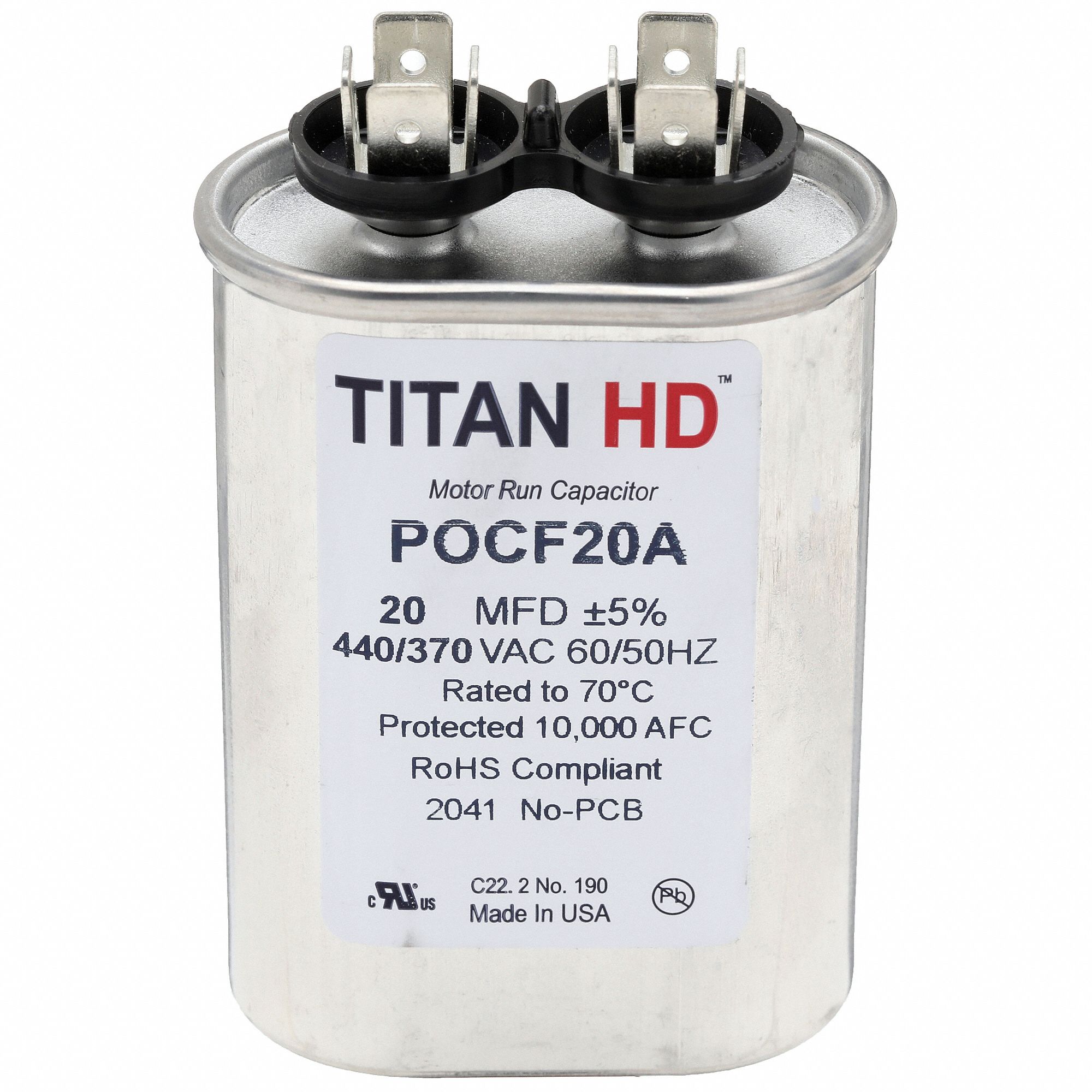 Motor Run Capacitor: Oval, 440/370V AC, 20 MFD, 3 3/8 in Overall Ht, -40°C Op Temp - Min