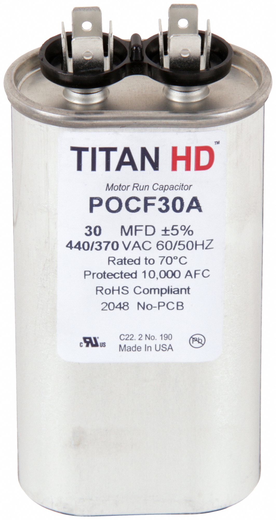 Motor Run Capacitor: Oval, 440/370V AC, 30 MFD, 4 3/8 in Overall Ht, -40°C Op Temp - Min