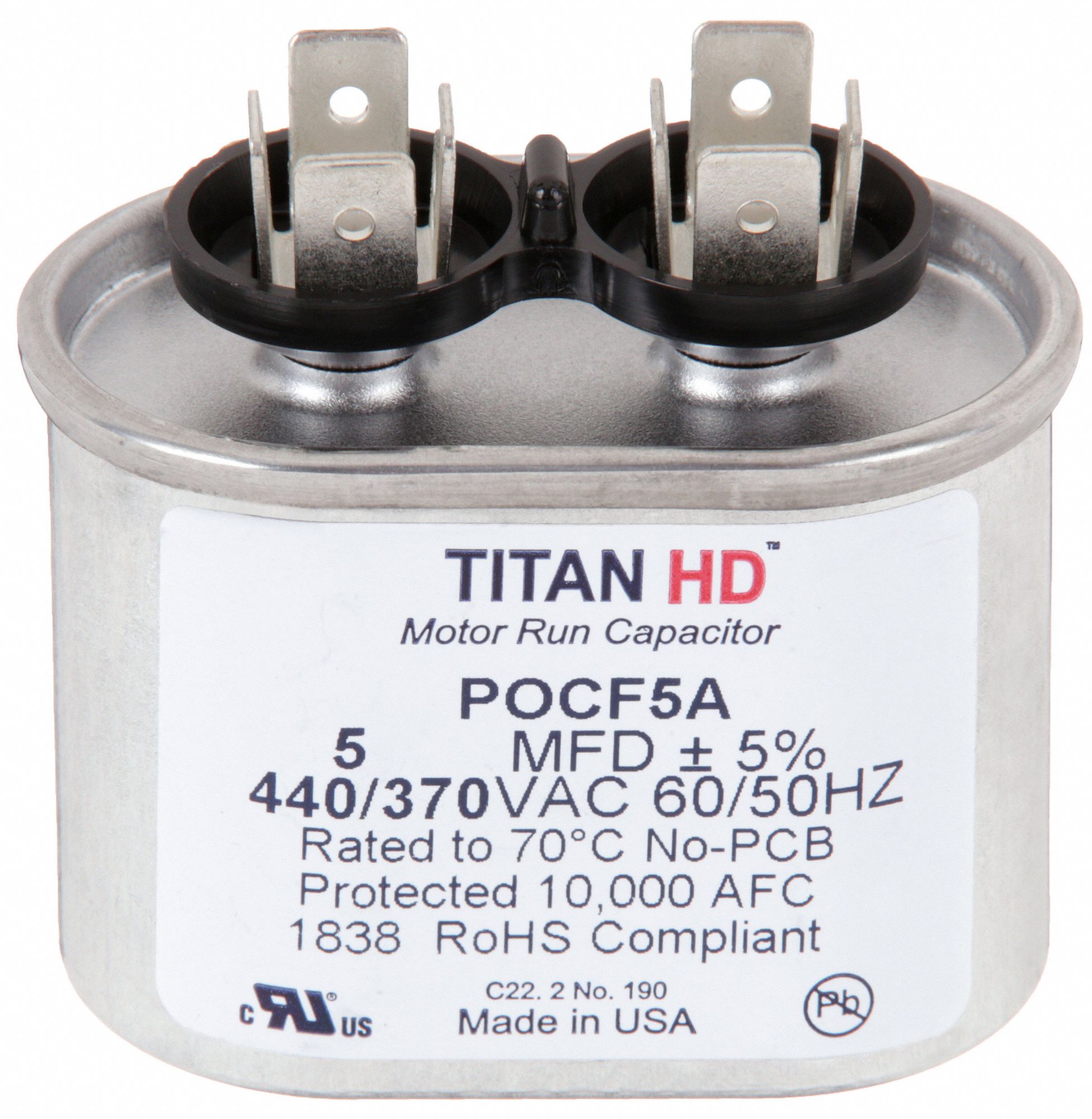 Motor Run Capacitor: Oval, 440/370V AC, 4 MFD, 2 1/8 in Overall Ht, -40°C Op Temp - Min