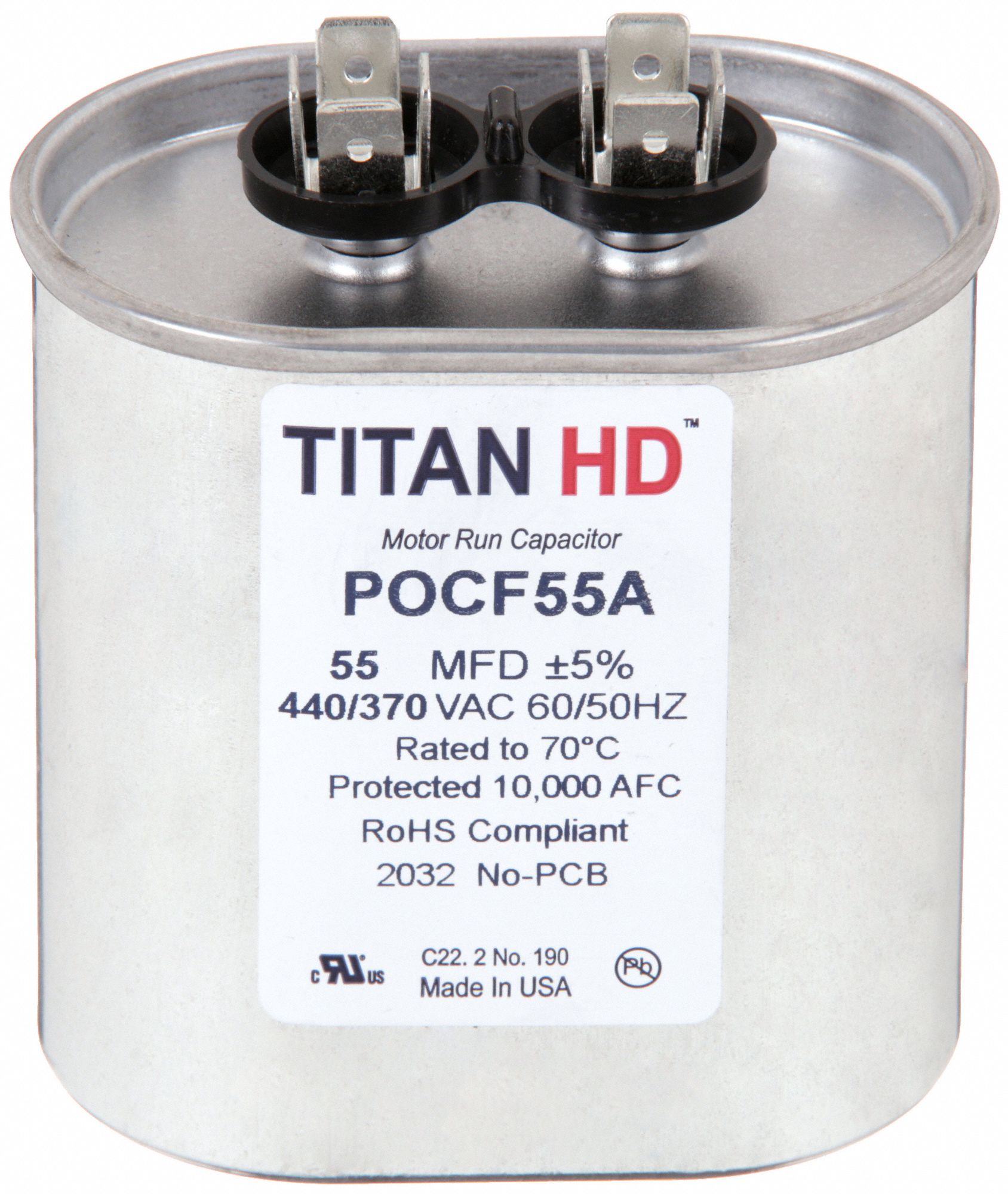 Motor Run Capacitor: Oval, 440/370V AC, 55 MFD, 3 3/8 in Overall Ht, -40°C Op Temp - Min