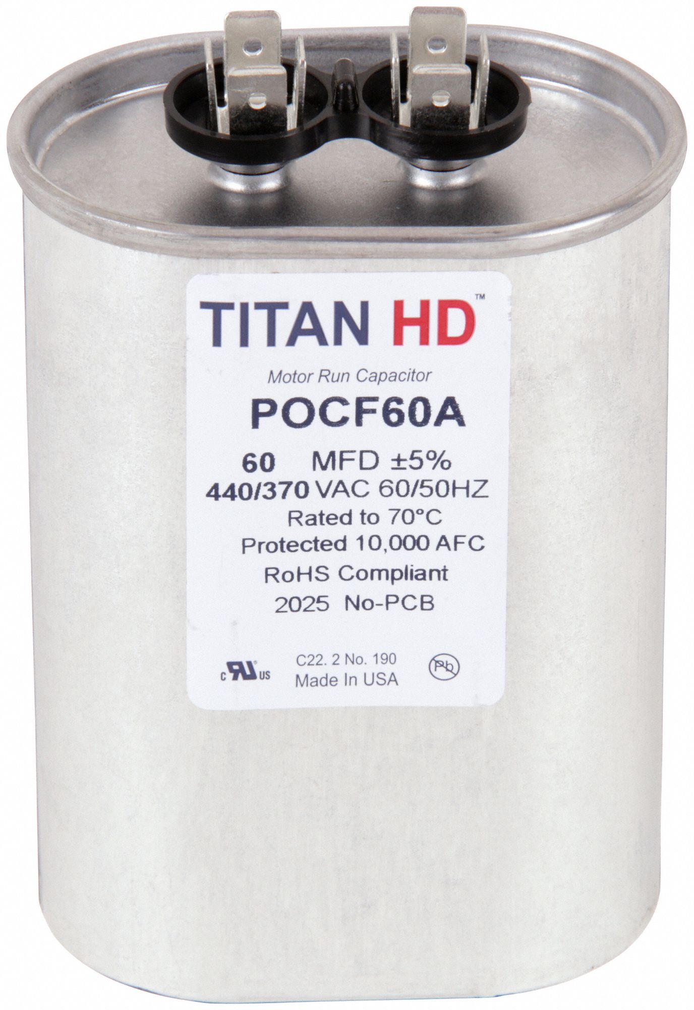 Motor Run Capacitor: Oval, 440/370V AC, 60 MFD, 4 3/8 in Overall Ht, -40°C Op Temp - Min