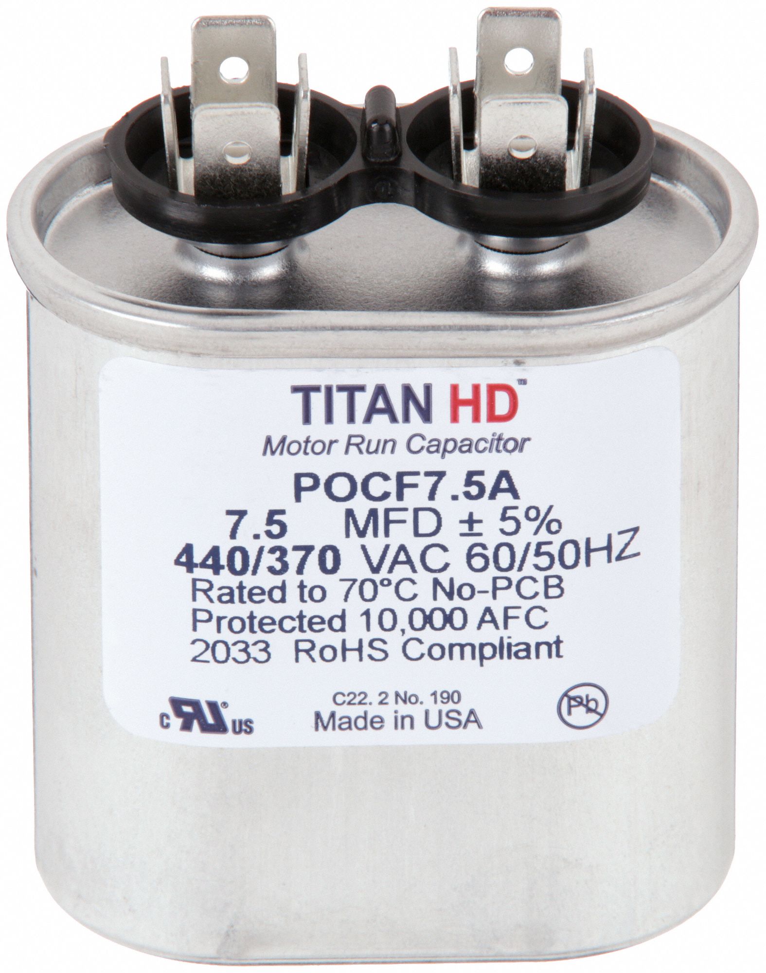 Motor Run Capacitor: Oval, 440/370V AC, 7.5 MFD, 2 3/4 in Overall Ht, -40°C Op Temp - Min
