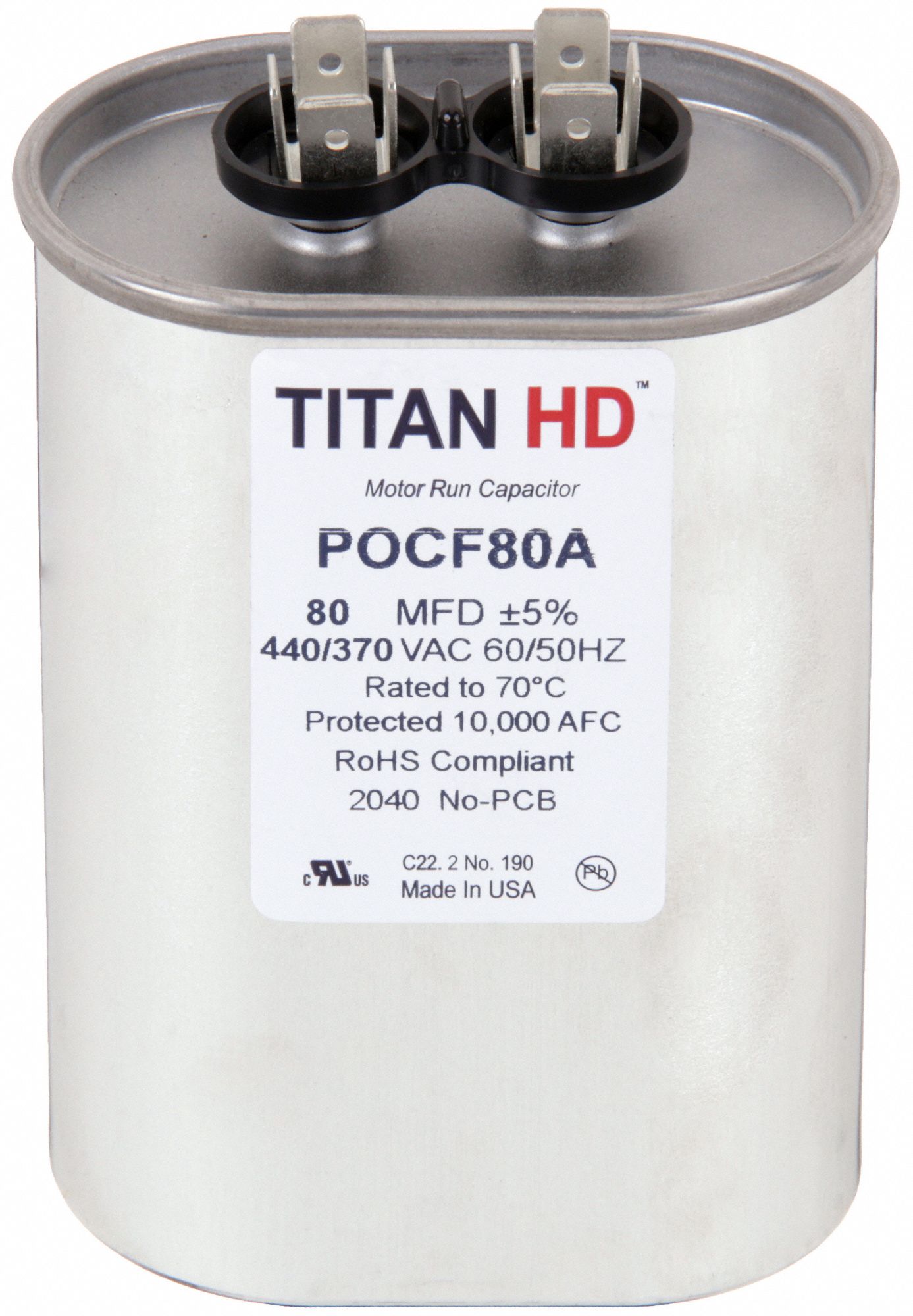 Motor Run Capacitor: Oval, 440/370V AC, 80 MFD, 4 3/8 in Overall Ht, -40°C Op Temp - Min