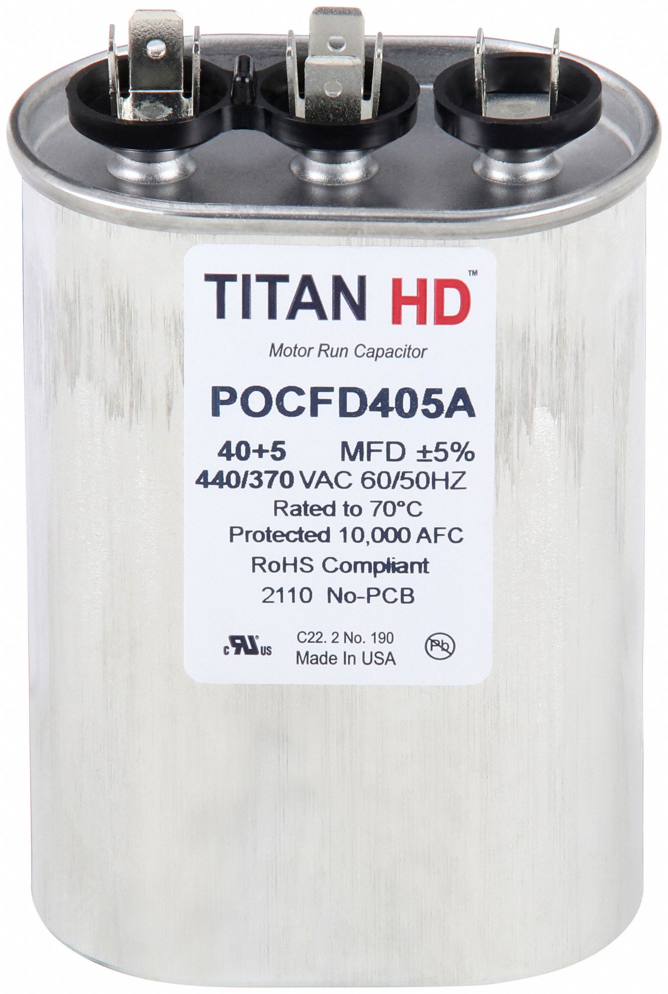 Motor Dual Run Capacitor: Oval, 440/370V AC, 40/5 MFD, 4 13/32 in Overall Ht, Aluminum