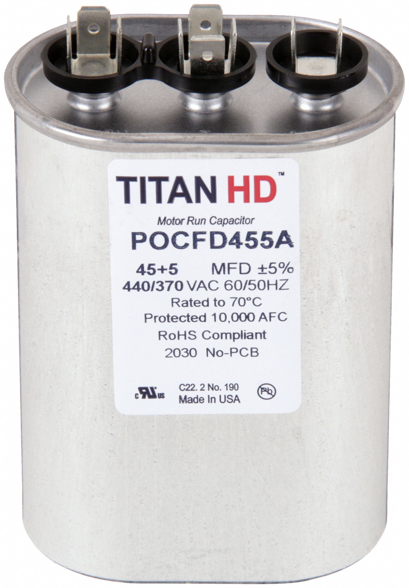 Motor Dual Run Capacitor: Oval, 440/370V AC, 45/5 MFD, 4 13/32 in Overall Ht, Aluminum