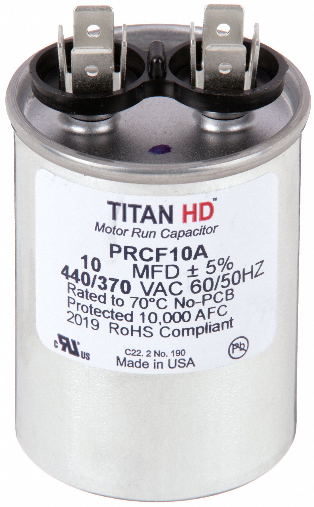 Motor Run Capacitor: Round, 440/370V AC, 10 MFD, 1 3/4 in Overall Dia, 2 7/8 in Overall Ht