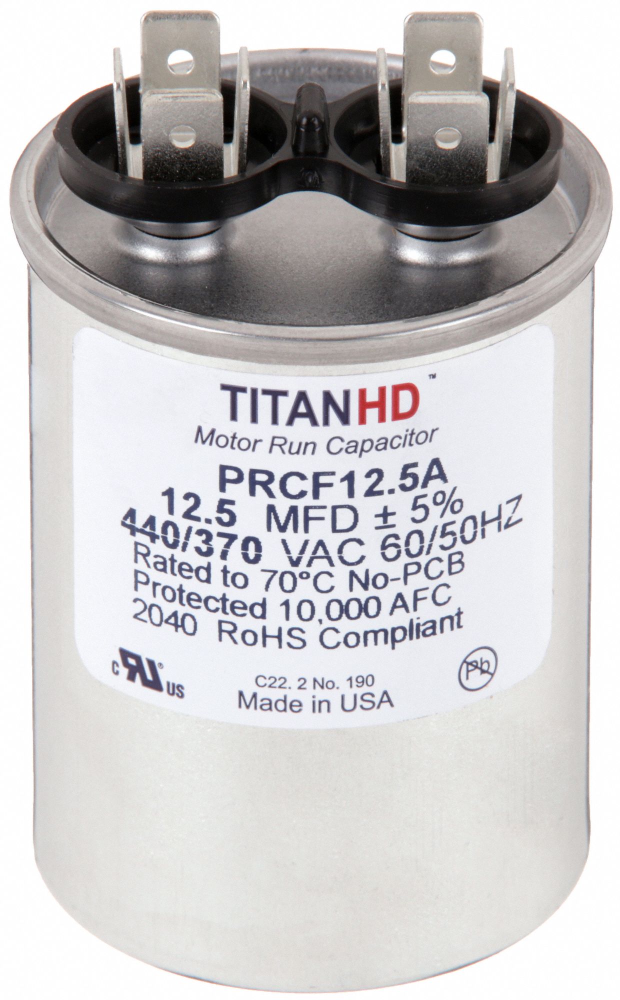 Motor Run Capacitor: Round, 440/370V AC, 12.5 MFD, 1 3/4 in Overall Dia, 70°C Op Temp - Max