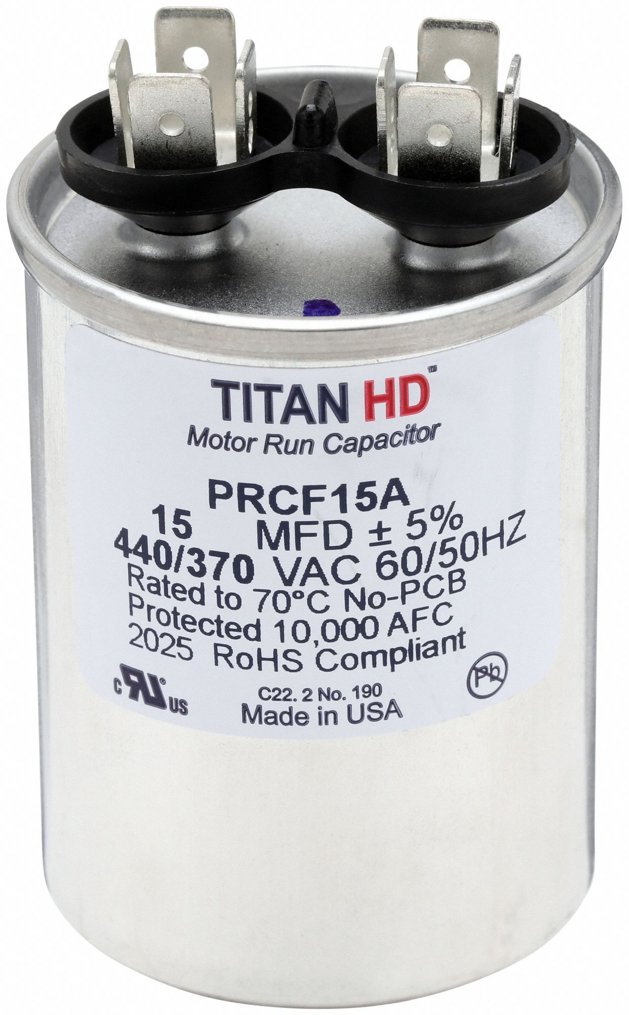 Motor Run Capacitor: Round, 440/370V AC, 15 MFD, 1 3/4 in Overall Dia, 2 7/8 in Overall Ht