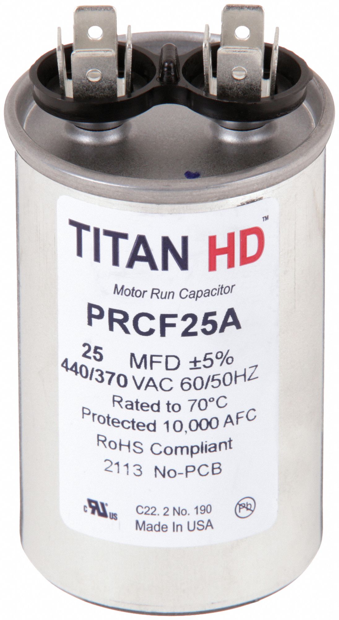 Motor Run Capacitor: Round, 440/370V AC, 25 MFD, 1 3/4 in Overall Dia, 3 3/8 in Overall Ht