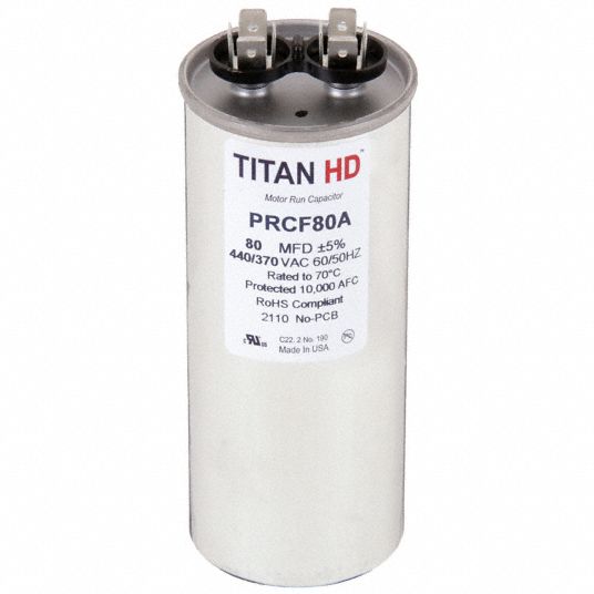 TITAN HD Motor Run Capacitor: Round, 440/370V AC, 80 mfd, 5 1/4 in Overall  Ht