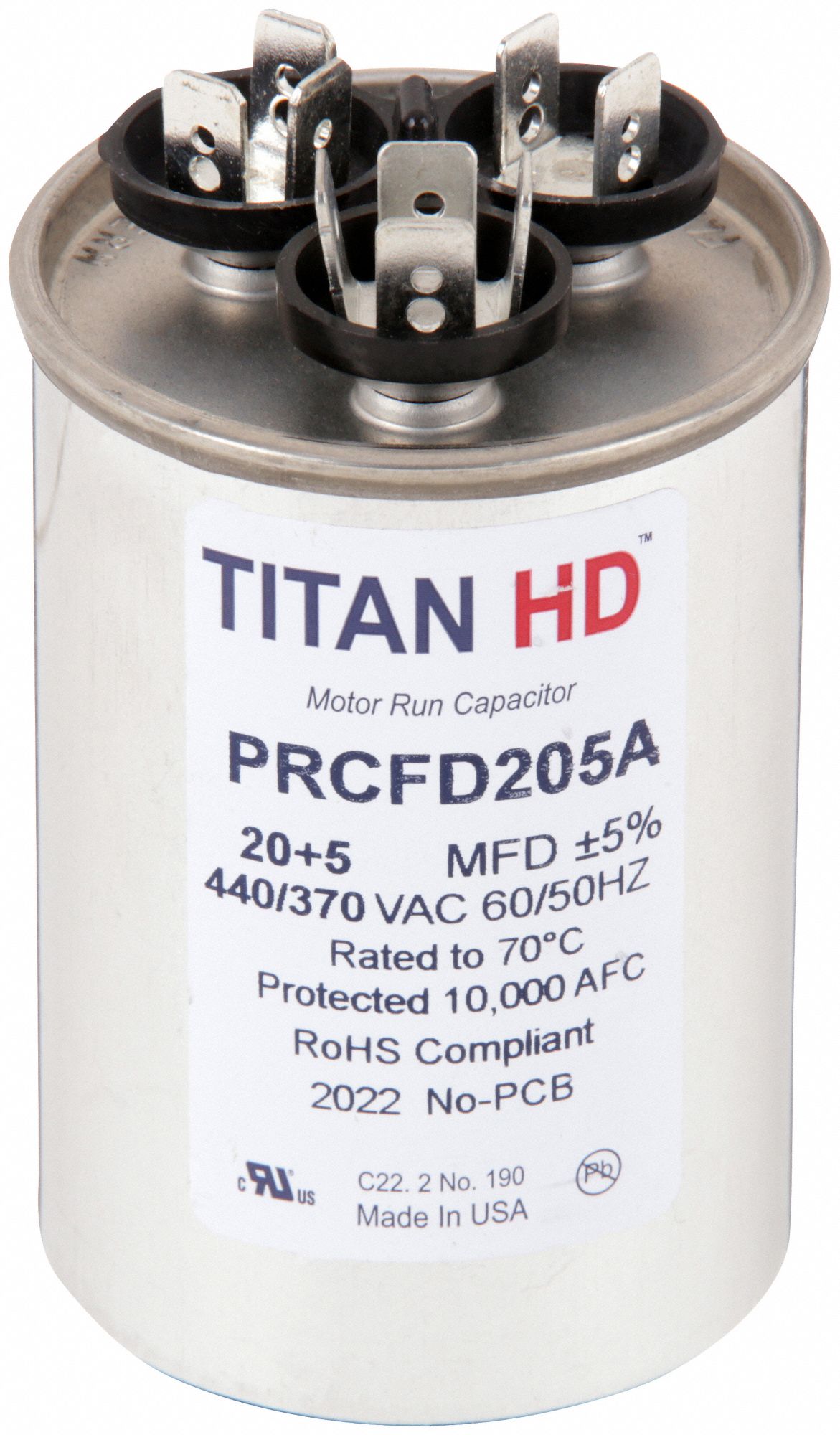 Motor Dual Run Capacitor: Round, 440/370V AC, 20/5 MFD, 2 in Overall Dia, Aluminum, Steel