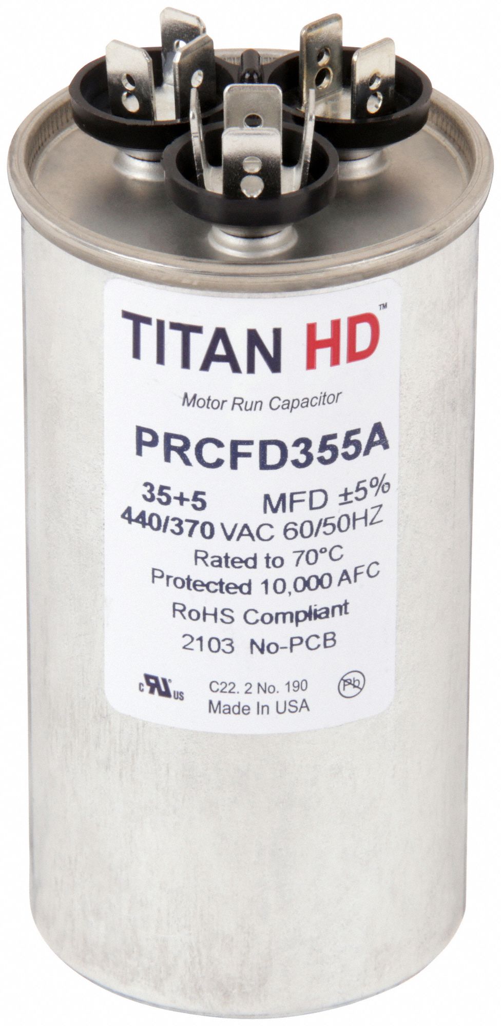 TITAN HD Motor Dual Run Capacitor: Round, 440/370V AC, 35/5 mfd, 4 11/32 in  Overall Ht