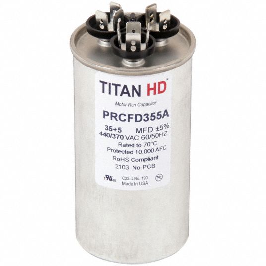 TITAN HD Motor Dual Run Capacitor: Round, 440/370V AC, 35/5 mfd, 4 11/32 in  Overall Ht