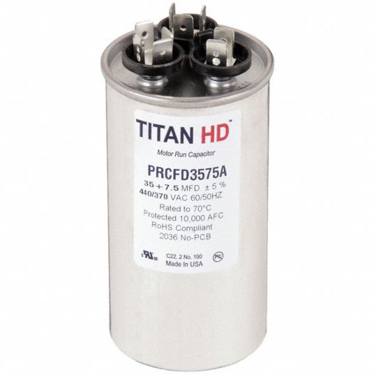 TITAN HD Motor Dual Run Capacitor: Round, 440/370V AC, 35/7.5 mfd, 4 11/32  in Overall Ht