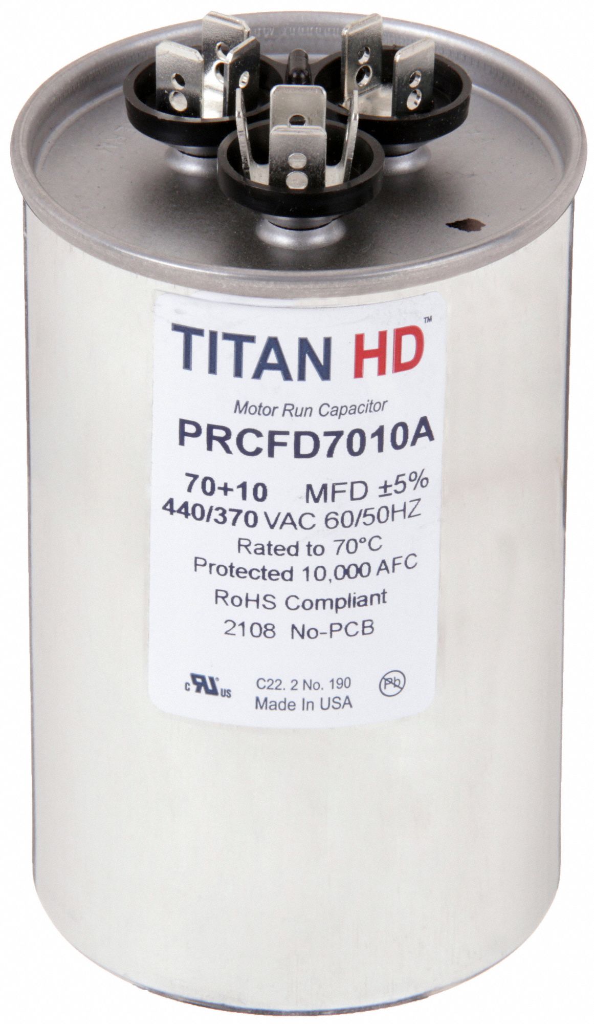 TITAN HD Motor Dual Run Capacitor: Round, 440/370V AC, 70/10 mfd, 4 13/32  in Overall Ht