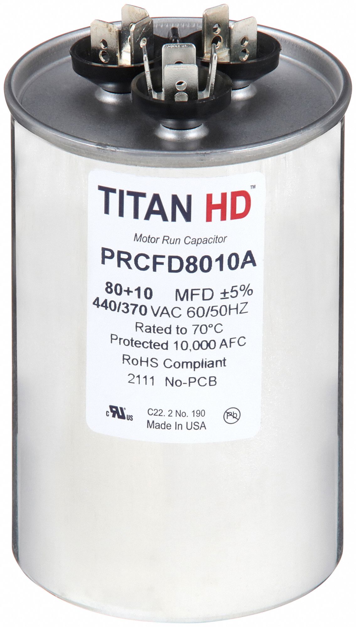 Motor Dual Run Capacitor: Round, 440/370V AC, 80/10 MFD, 2 1/2 in Overall Dia, Aluminum