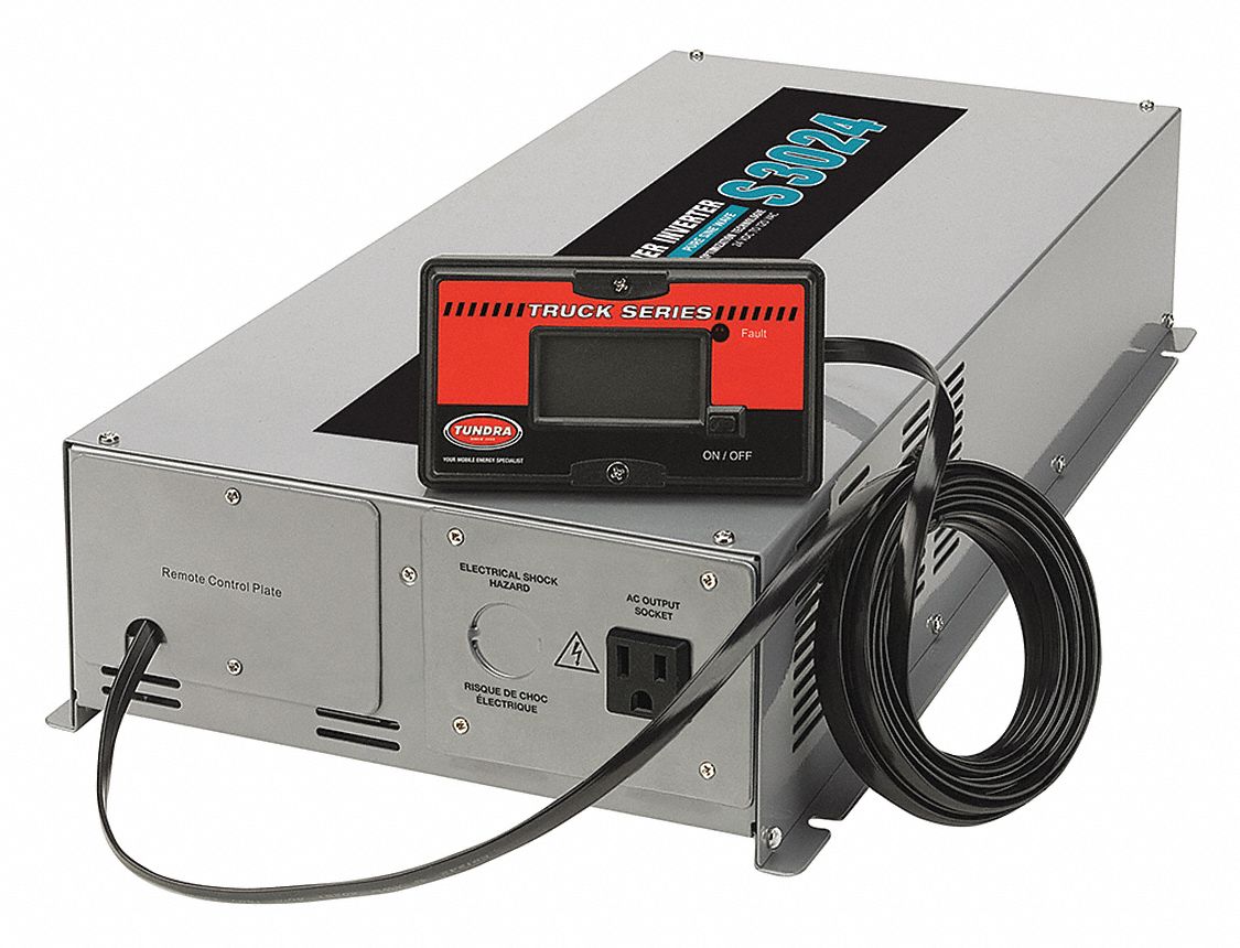 INVERTER, PURE SINE, 3000 W, 6000 W, 24 VDC, 120 VAC, 2 OUTLETS, 10 13/16 X 4 1/8 X 22 3/8 IN, STEEL