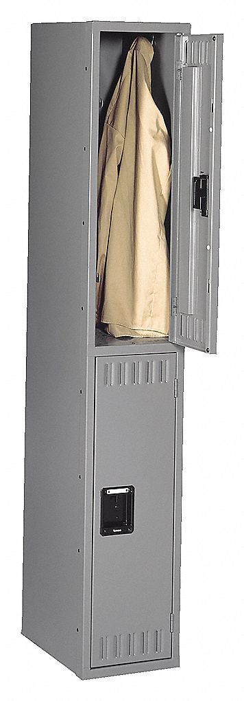 WARDROBE LOCKER, 2 TIER, 1 WIDE, ASSEMBLED, HOOKS, POWDER COAT FINISH, GREY, 15X72X18 IN