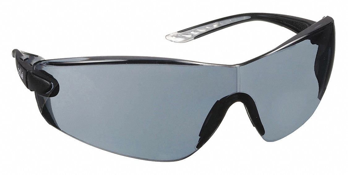 Safety Glasses: Gray Lens, Frameless, Platinum, Black/Gray Frame, Cobra Series