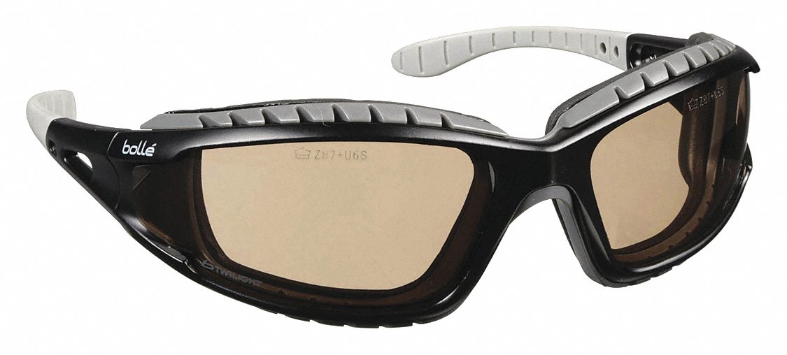 Safety Glasses: Bronze Lens Color, Full-Frame, Platinum, Black/Gray Frame Color