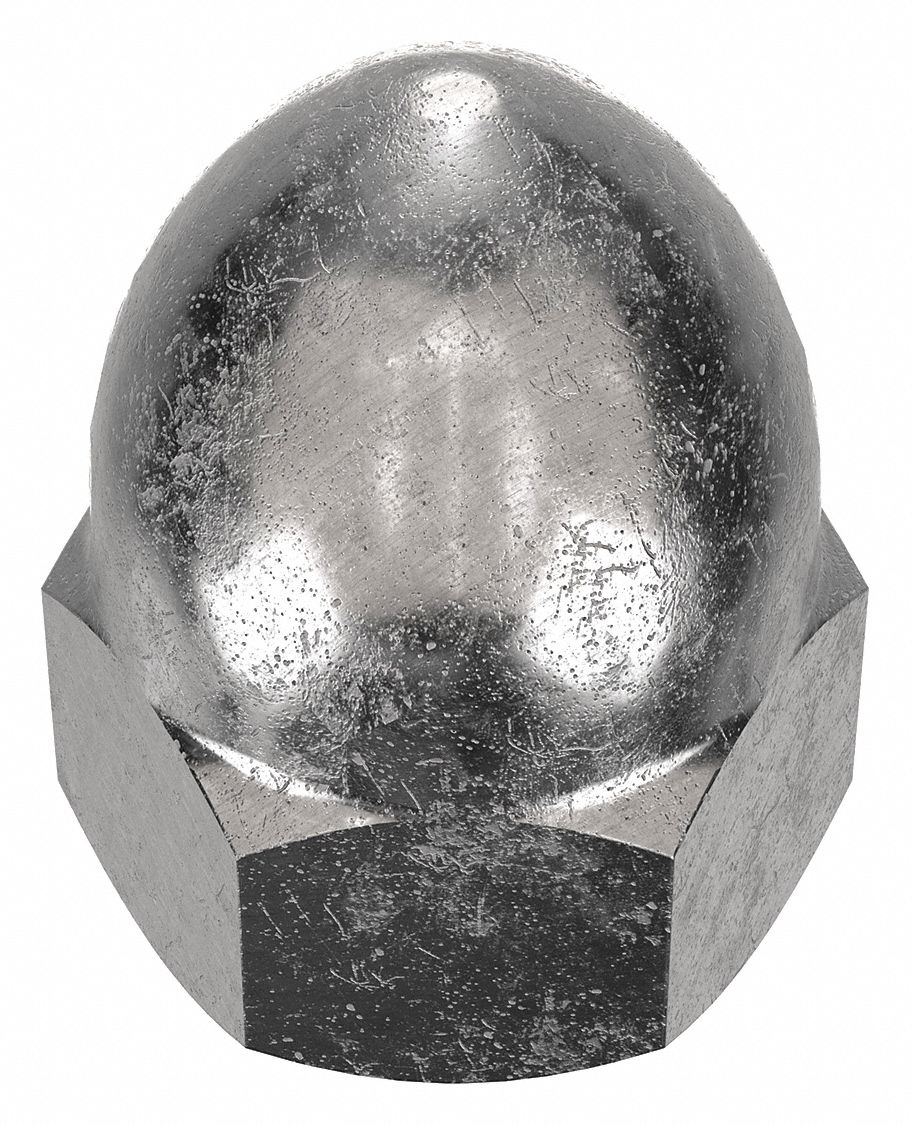 Cap Nut: High Crown Flattened Head, 3/8"-16 Thread, Plain, 18-8, Stainless Steel, 0.781 in Ht