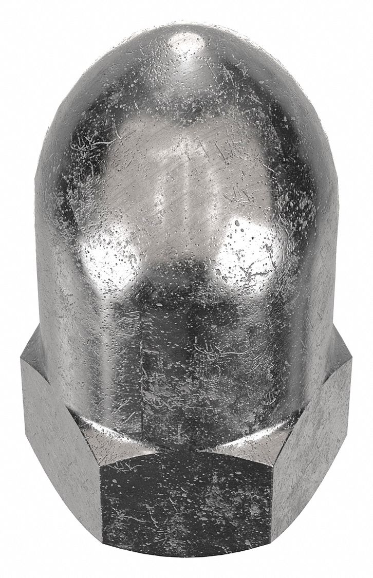 Cap Nut: High Crown Flattened Head, 1/2"-13 Thread, Plain, 18-8, Stainless Steel, 1.438 in Ht