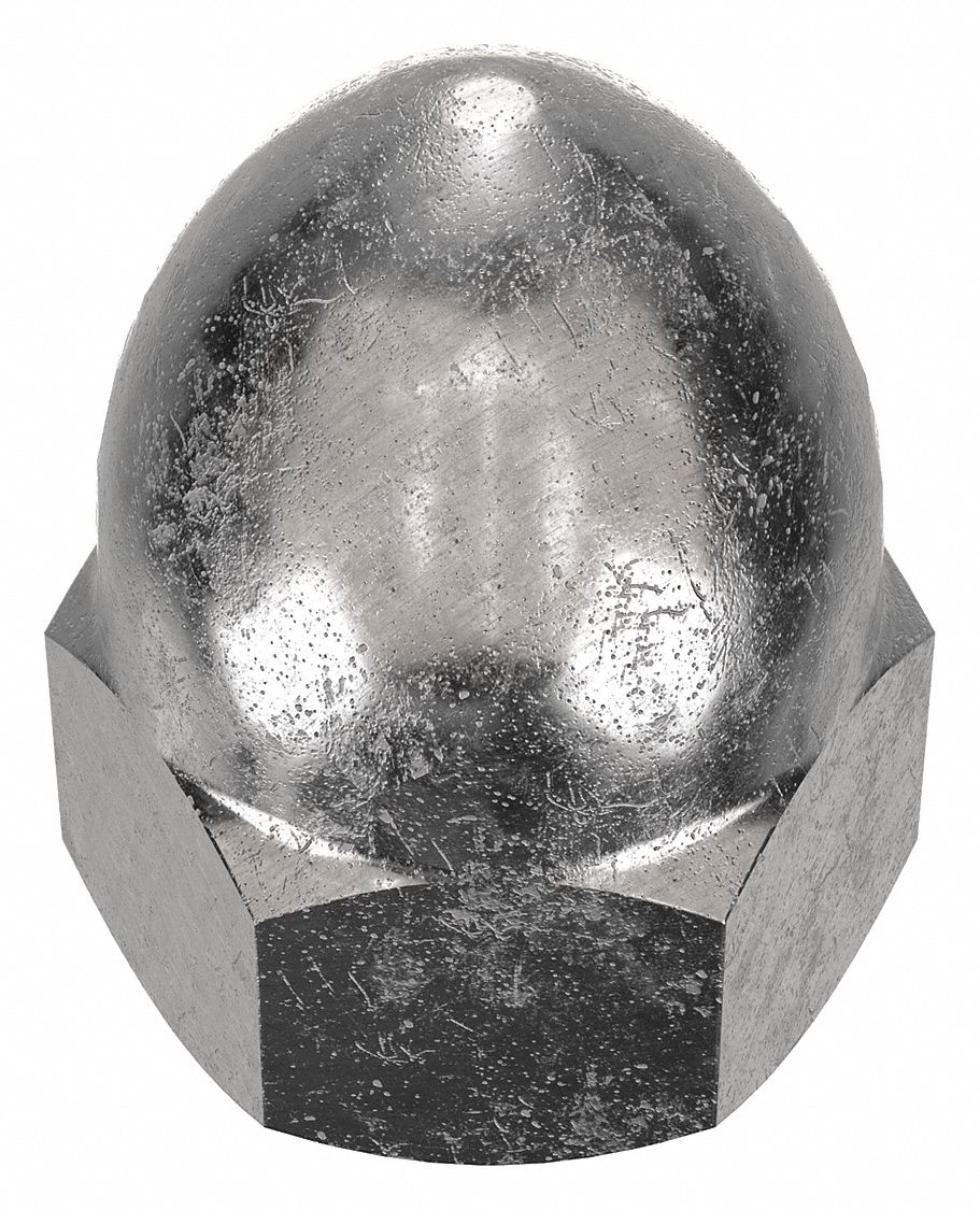 Cap Nut: High Crown Flattened Head, 3/8"-16 Thread, Plain, 316L, Stainless Steel, 0.781 in Ht