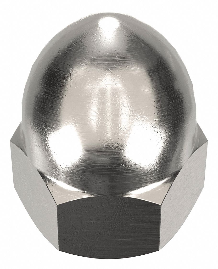 Cap Nut: High Crown Flattened Head, 3/8"-16 Thread, Plain, 6061, Aluminum, 0.781 in Ht
