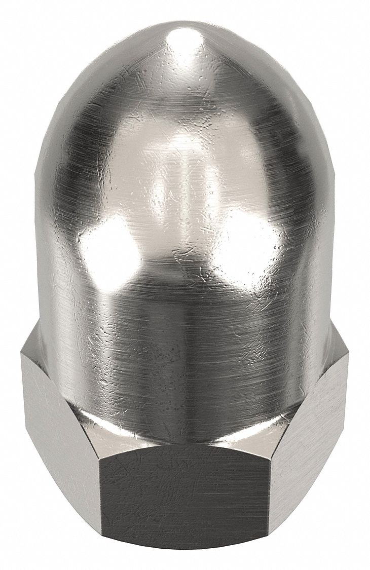 Cap Nut: High Crown, 1/2"-13 Thread, Plain, 6061, Aluminum, 1.438 in Ht, 3/4 in Hex Wd