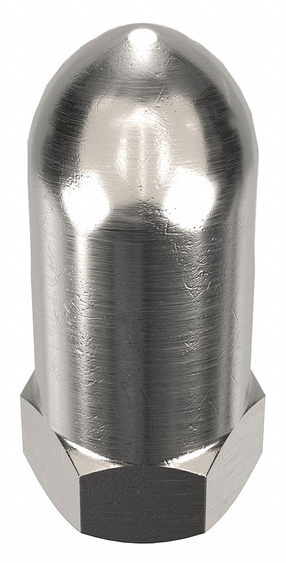 Cap Nut: High Crown Flattened Head, 1/2"-13 Thread, Plain, 6061, Aluminum, 2 in Ht, 3/4 in Hex Wd