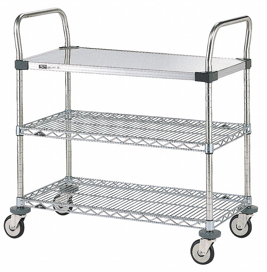 CORROSION-RESISTANT UTILITY CART WITH SHALLOW LIPPED WIRE SHELVES, 375 LB LOAD CAPACITY