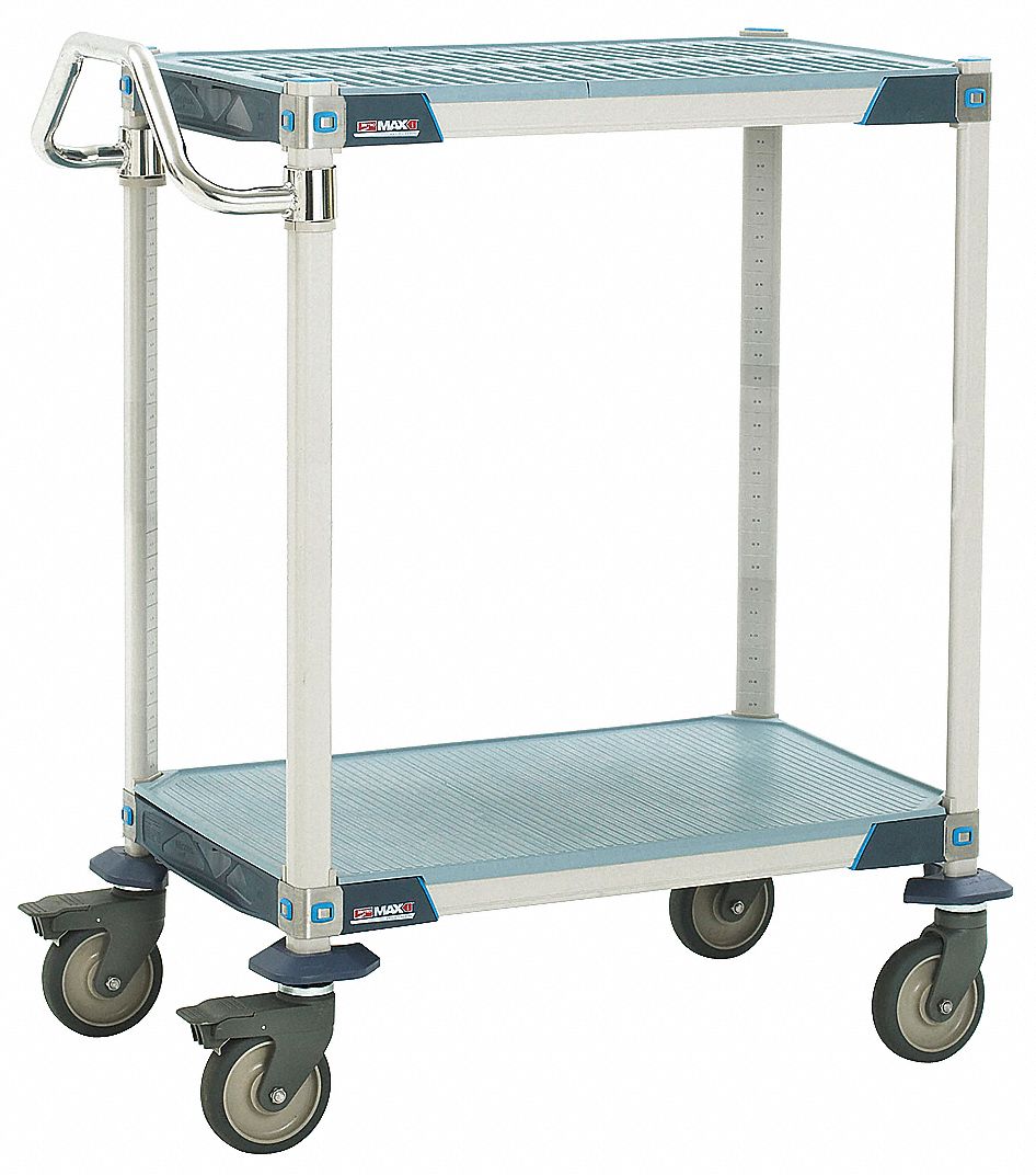 UTILITY CART WITH ANTIMICROBIAL PERFORATED FLUSH PLASTIC SHELVES, 900 LB LOAD CAPACITY, BLUE