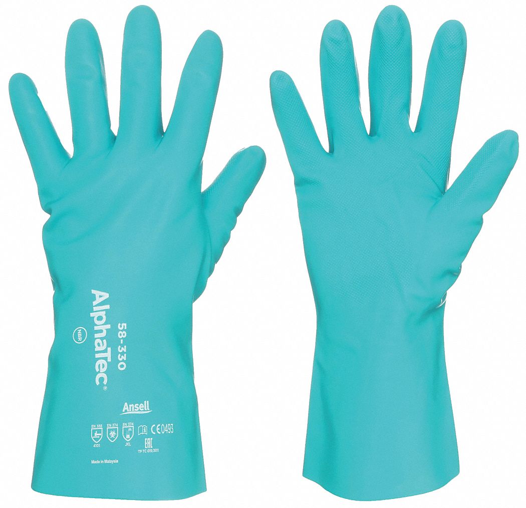 Chemical-Resistant Gloves: 58-330, ANSELL AlphaTec, 10 Glove Size, Moisture-Absorbant Interior, 1 PR