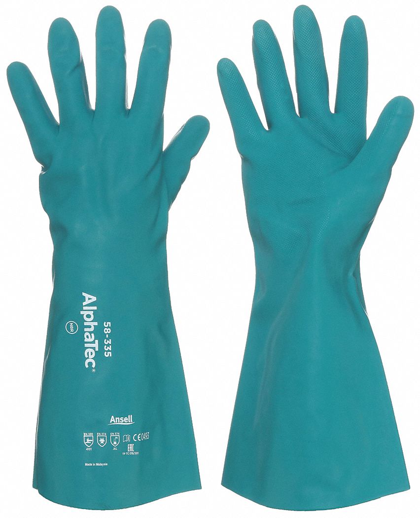 Chemical-Resistant Gloves: 58-335, ANSELL AlphaTec, 10 Glove Size, Moisture-Absorbant Interior, 1 PR
