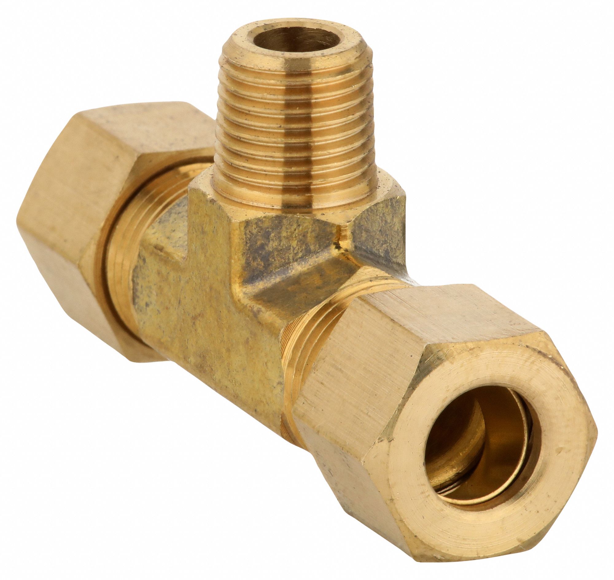 BRANCH TEE: BRASS, COMPRESSION X COMPRESSION X MNPT, ⅛ IN PIPE, FOR ¼ IN X ¼ IN TUBE OD