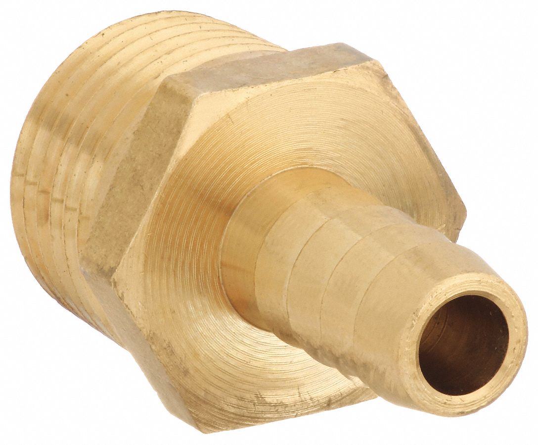 BARBED HOSE FITTING, FOR 1/8 IN HOSE ID, HOSE BARB X NPT, MALE X MALE, HEX, BRASS