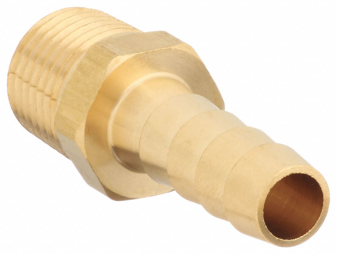 Barbed Hose Fitting: For 3/16 in Hose I.D., Hose Barb x NPT, Male x Male, Hex, Rigid