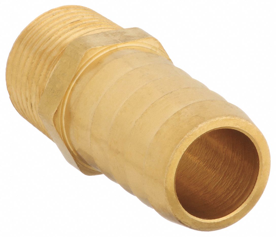 BARBED HOSE FITTING, FOR 1 IN HOSE ID, HOSE BARB X NPT, MALE X MALE, HEX, RIGID, BRASS
