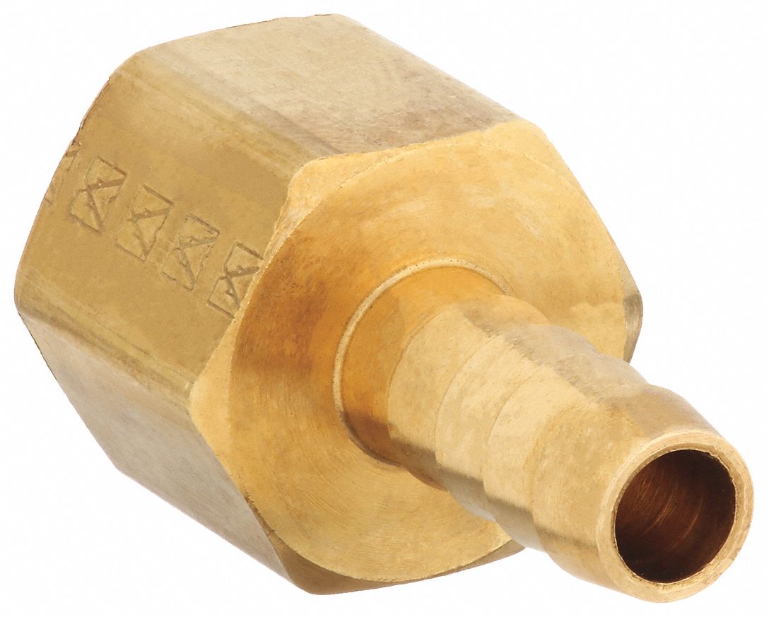 BARBED HOSE FITTING, FOR 1/8 IN HOSE ID, HOSE BARB X NPT, MALE X FEMALE, HEX, BRASS