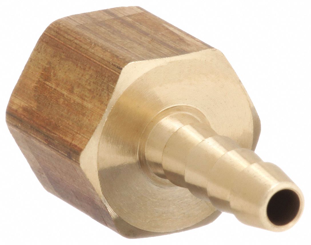 BARBED HOSE FITTING, FOR 3/16 IN HOSE ID, HOSE BARB X NPT, MALE X FEMALE, HEX, BRASS