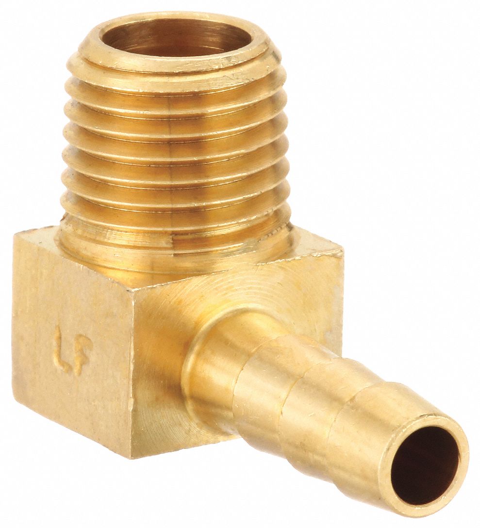 BARBED HOSE FITTING, FOR ⅜ IN HOSE ID, HOSE BARB X NPT, MALE X MALE, NO KNURL, BRASS