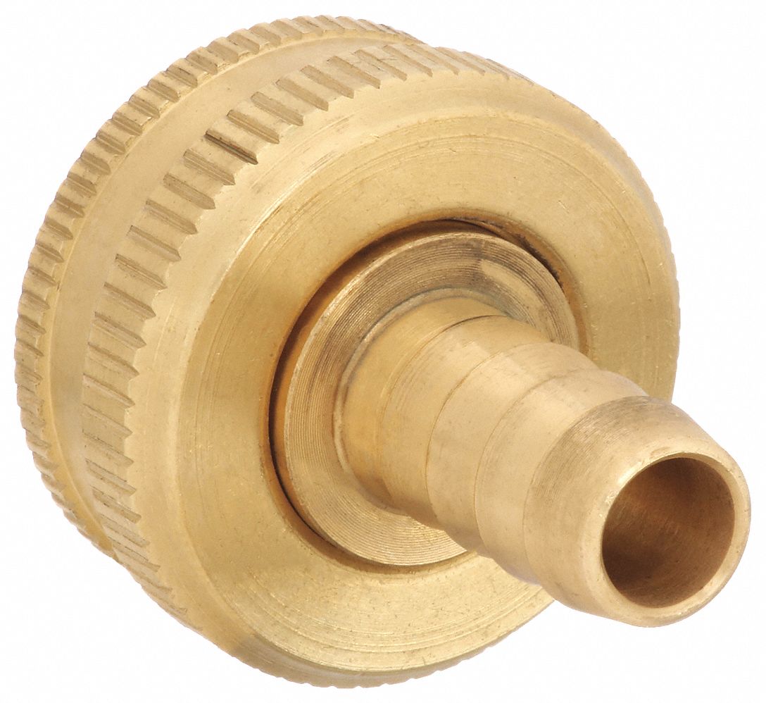 Barbed Hose Fitting: For 3/8 in Hose I.D., GHT x Hose Barb, 3/4 in x 3/4 in Fitting Size, Swivel